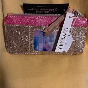 NWT Consuela Pink and Gold Glitter Cardholder Wristlet with ID Window